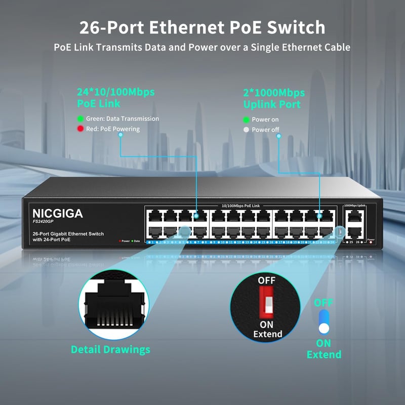 NICGIGA 24 Portos PoE+ Switch 320W - 2 Gigabit Uplink Porttal, VLAN Móddal, 250m Hatótávolsággal, 19" Rack Kompatibilis, Plug and Play Hálóz