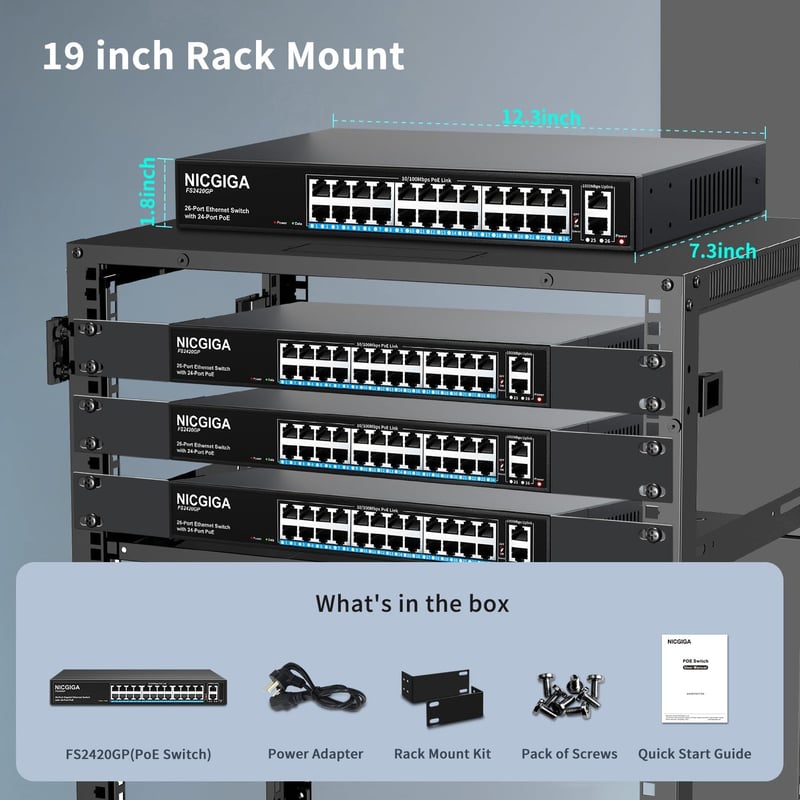 NICGIGA 24 Portos PoE+ Switch 320W - 2 Gigabit Uplink Porttal, VLAN Móddal, 250m Hatótávolsággal, 19" Rack Kompatibilis, Plug and Play Hálóz