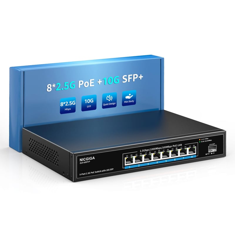 NICGIGA 8-portni 2.5G PoE switch sa snagom od 120W, 10G SFP+ uplinkom, podrškom za WiFi6 AP i 4K kameru