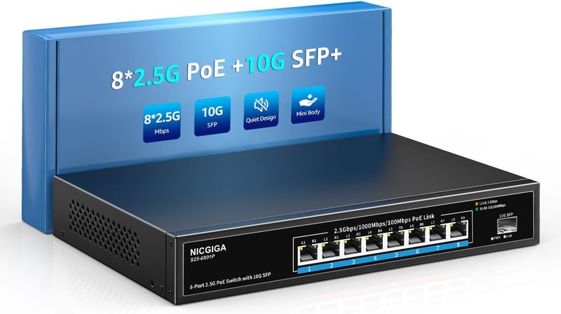 NICGIGA 8 Portos 2.5G PoE Switch 120W Teljesítménnyel, 10G SFP+ Uplink, WiFi6 AP és 4K Kamera Támogatással