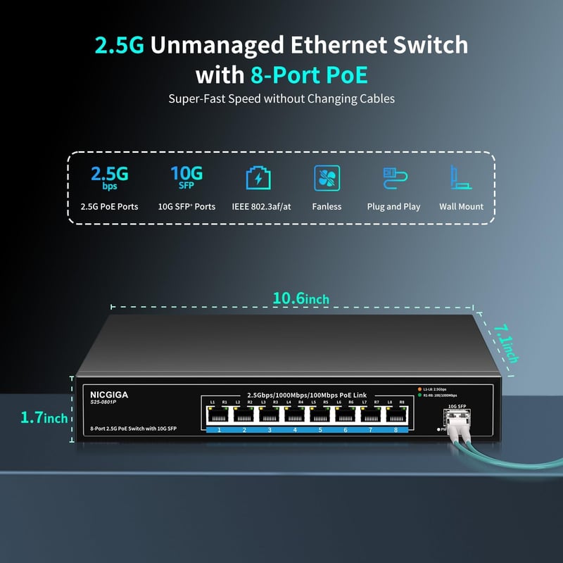 NICGIGA 8 Portos 2.5G PoE Switch 120W Teljesítménnyel, 10G SFP+ Uplink, WiFi6 AP és 4K Kamera Támogatással