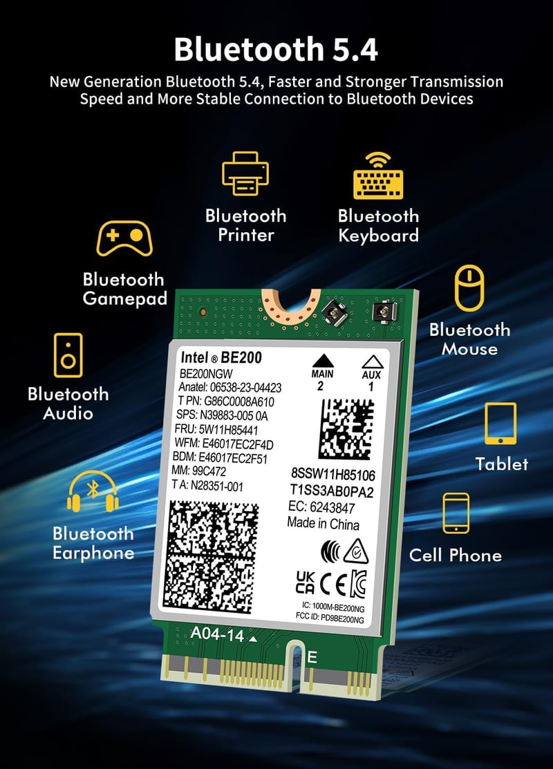 NICGIGA Intel BE200 WiFi 7 Vezeték Nélküli Kártya, Bluetooth 5.4, 5800Mbps M.2/NGFF, Windows 10/11 Kompatibilis, AMD Nem Támogatott