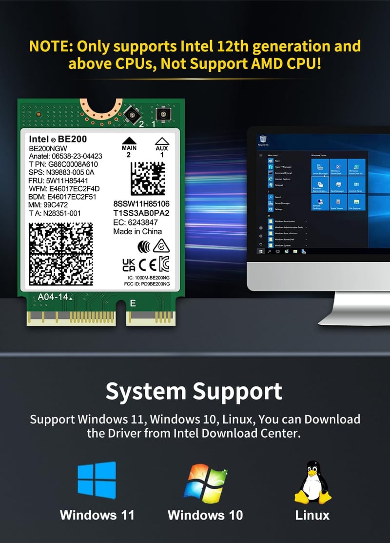NICGIGA Intel BE200 WiFi 7 Vezeték Nélküli Kártya, Bluetooth 5.4, 5800Mbps M.2/NGFF, Windows 10/11 Kompatibilis, AMD Nem Támogatott