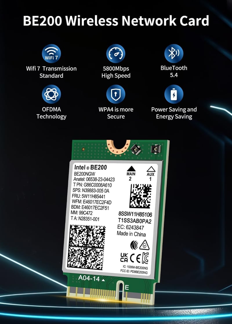 NICGIGA Intel BE200 WiFi 7 Vezeték Nélküli Kártya, Bluetooth 5.4, 5800Mbps M.2/NGFF, Windows 10/11 Kompatibilis, AMD Nem Támogatott