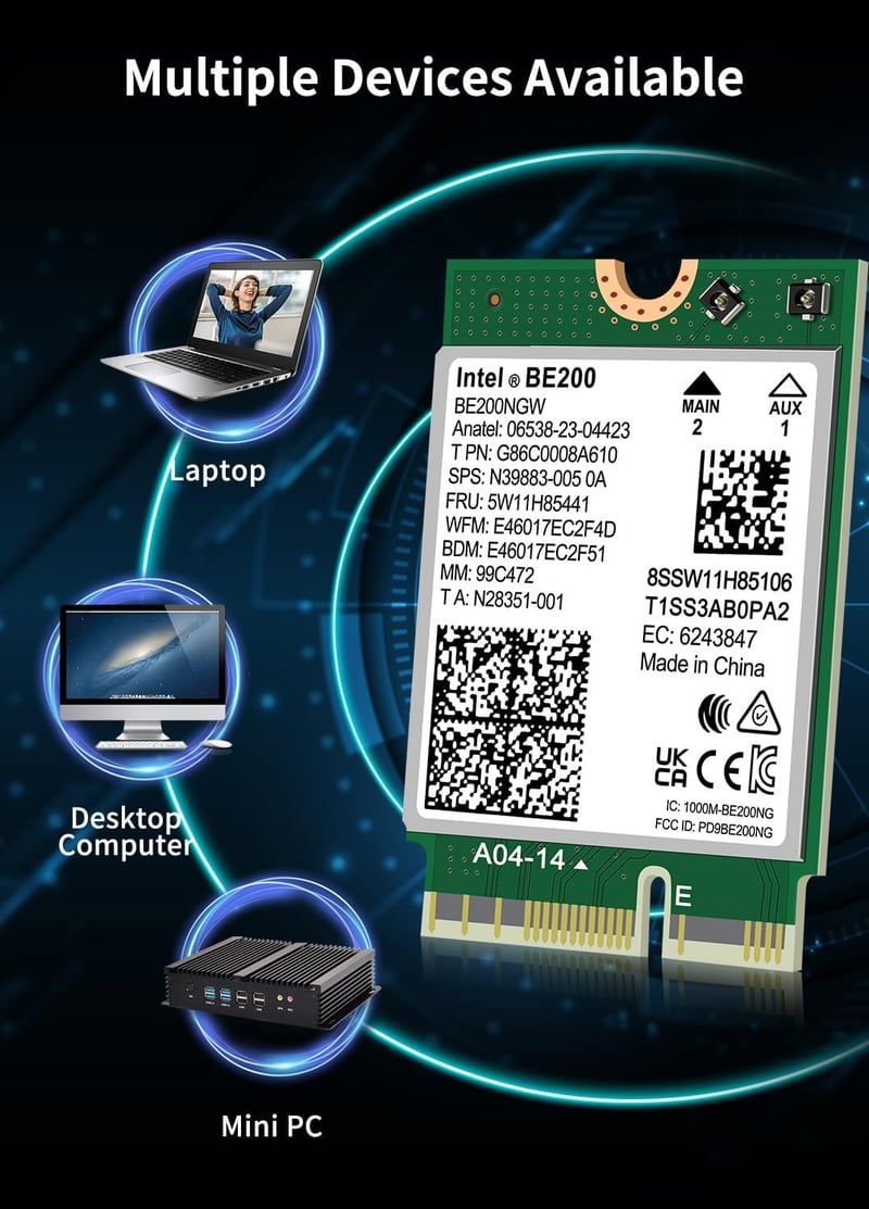 NICGIGA Intel BE200 WiFi 7 Vezeték Nélküli Kártya, Bluetooth 5.4, 5800Mbps M.2/NGFF, Windows 10/11 Kompatibilis, AMD Nem Támogatott