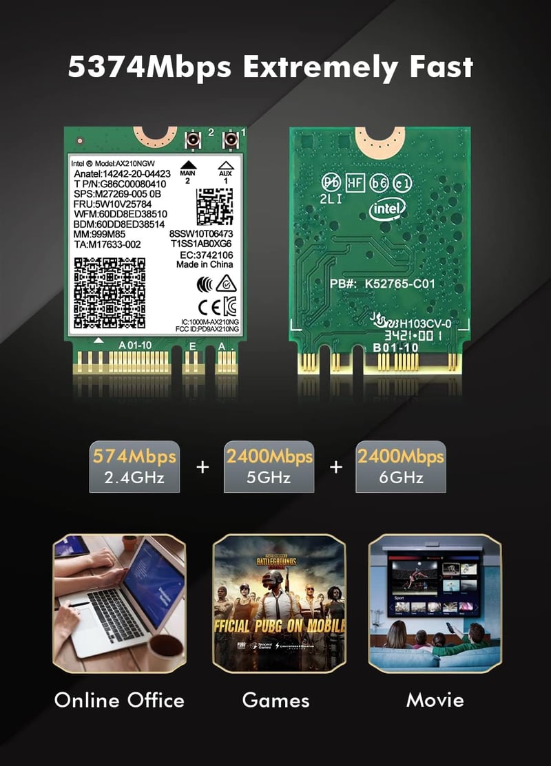 NICGIGA WiFi 6E Intel AX210 Wireless Card Bluetooth 5.2 5400Mbps M.2 Adapter