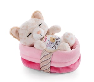 NICI Sleeping Pets 47892 Pisică de pluș cu model leopard în coș, 12 cm, jucărie moale pentru fete, băieți și bebeluși, bej