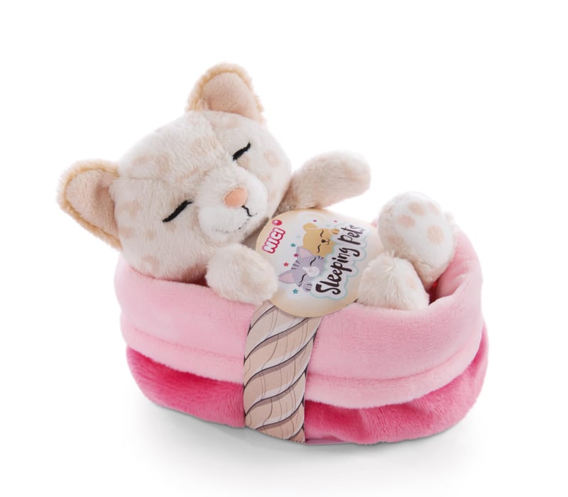 NICI Sleeping Pets 47892 Plyšová mačka s leopardím vzorom v košíku, 12 cm, mäkká hračka pre dievčatá, chlapcov a bábätká, béžová