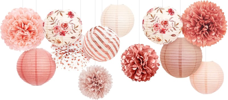 NICROLANDEE Rózsaszín Esküvői Dekoráció Szett - 12 db Rózsaarany Papír Lampion és Selyempapír Pompom - Esküvő, Babaváró, Születésnapi Party 