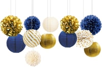 NICROLANDEE Tengerészkék-Arany Dekorációs Szett - 12 db Papír Lampion és Selyempapír Pompon - Ballagásra, Szilveszterre, Babaváróra, Születé 1