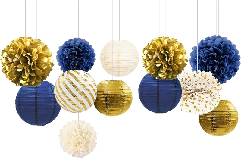 NICROLANDEE Tengerészkék-Arany Dekorációs Szett - 12 db Papír Lampion és Selyempapír Pompon - Ballagásra, Szilveszterre, Babaváróra, Születé