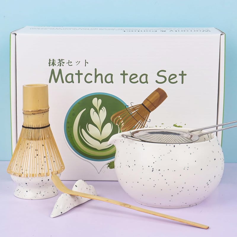 Nideen Matcha szett fehér keramia tálka, kefe, kanál és tartó