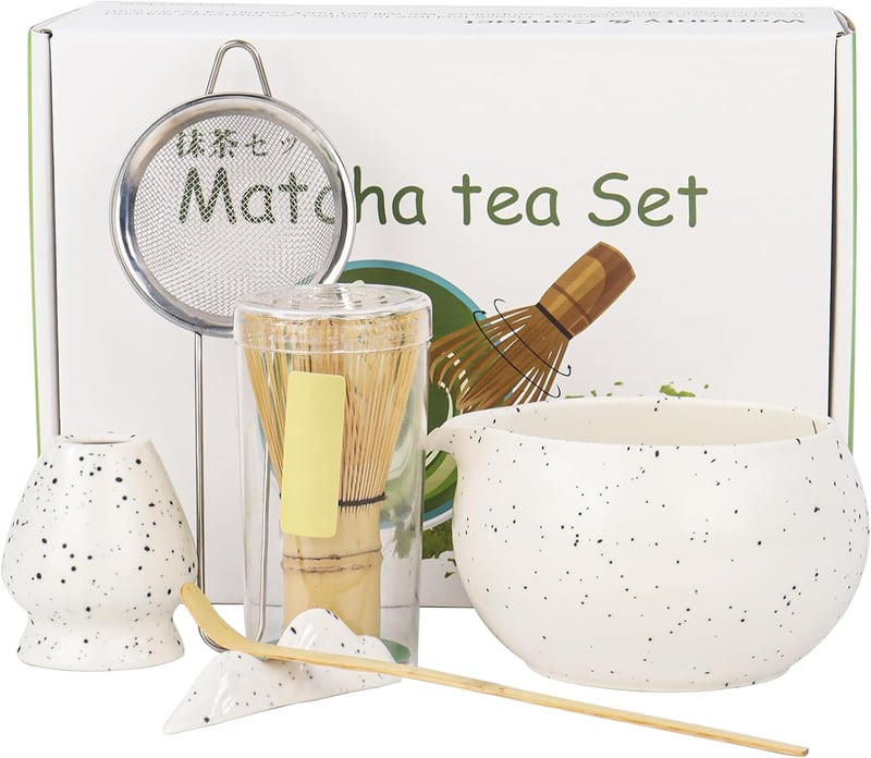 Nideen Matcha szett fehér keramia tálka, kefe, kanál és tartó