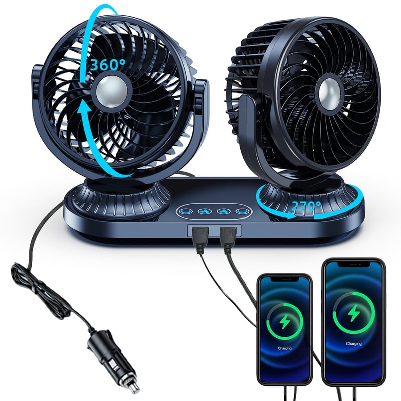 Autoventilátor NIFBANG 12V/24V, dvojitá hlava, 2 USB porty, 3 rýchlosti, otáčanie 270°/360°