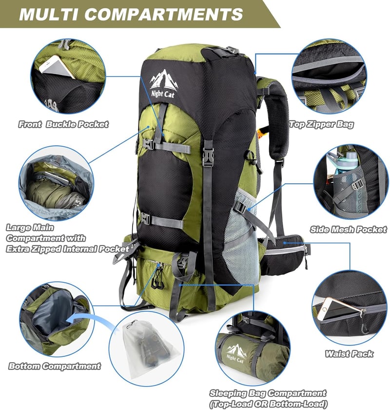 Night Cat 70L Trekking Hátizsák Férfiaknak és Nőknek Kempinghez