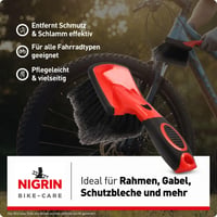 Kefa na umývanie bicyklov NIGRIN Bike Care – mäkké štetiny, veľká plocha kefy, nárazuvzdorná a protišmyková rukoväť, čierno-červená, 1 ks 3