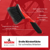 Kefa na umývanie bicyklov NIGRIN Bike Care – mäkké štetiny, veľká plocha kefy, nárazuvzdorná a protišmyková rukoväť, čierno-červená, 1 ks 6