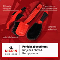Sada čistiacich kief na bicykel Nigrin Bike Care, 3 ks – kefa na umývanie, kefa na ráfiky, kefa na kazetu – čierna/červená 6