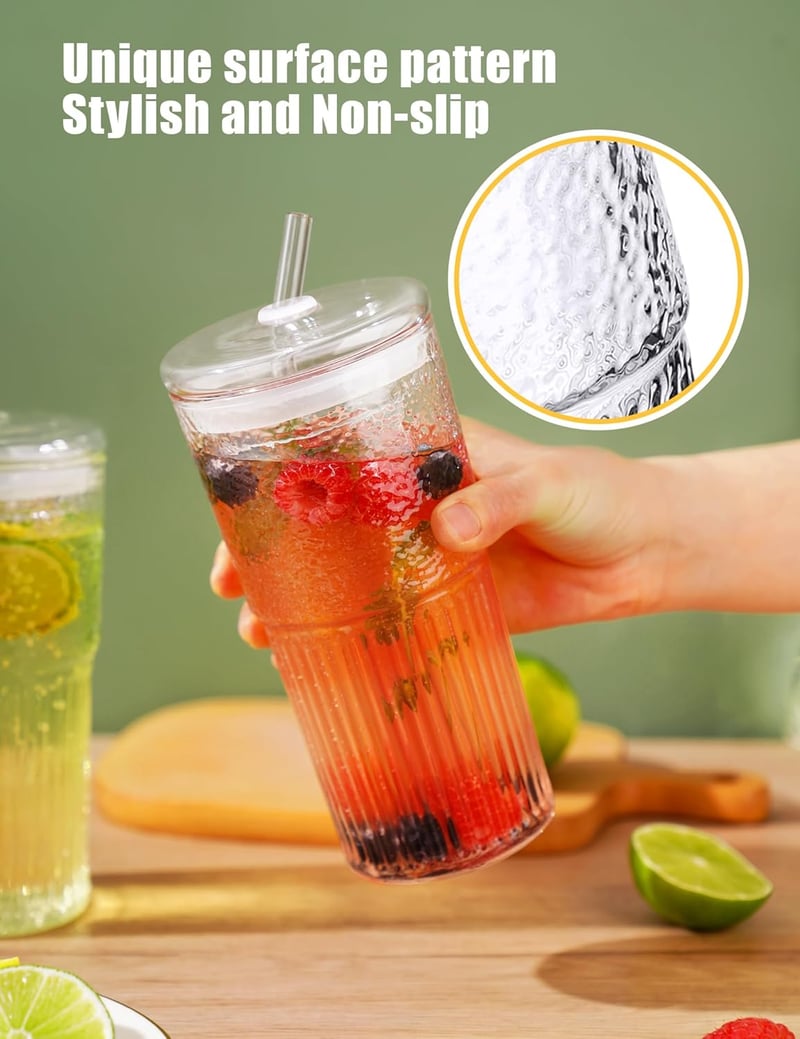 NiHome 2 darabos üvegpohár szett fedővel és szívószállal, 650 ml smoothie pohár jeges kávéhoz és teához, mosogatógépben mosható