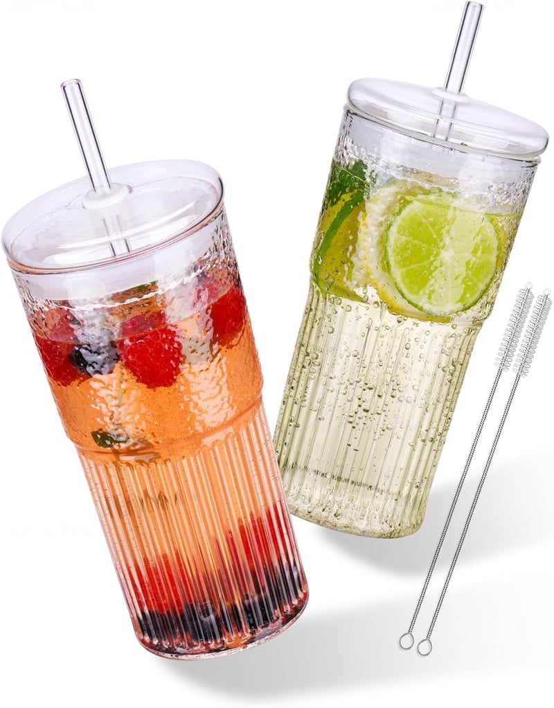NiHome 2 darabos üvegpohár szett fedővel és szívószállal, 650 ml smoothie pohár jeges kávéhoz és teához, mosogatógépben mosható