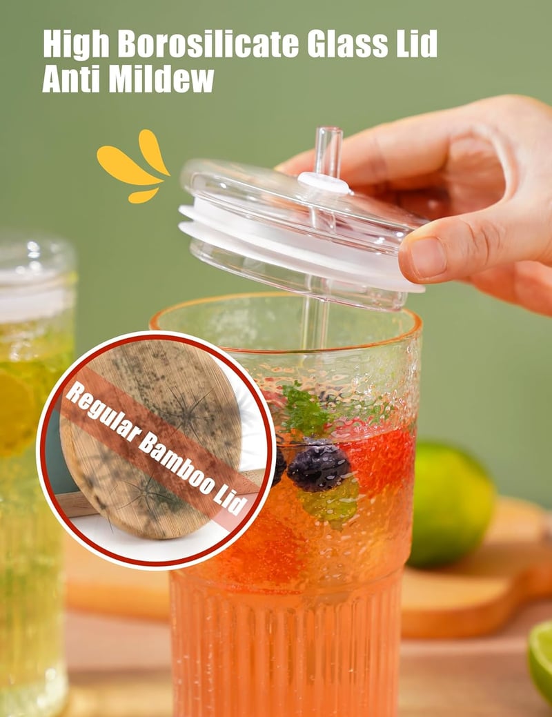 NiHome 2 darabos üvegpohár szett fedővel és szívószállal, 650 ml smoothie pohár jeges kávéhoz és teához, mosogatógépben mosható