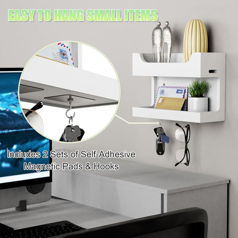 NiHome Fa Fali Polc Dupla Polccal és Mágneses Horogokkal Fehér