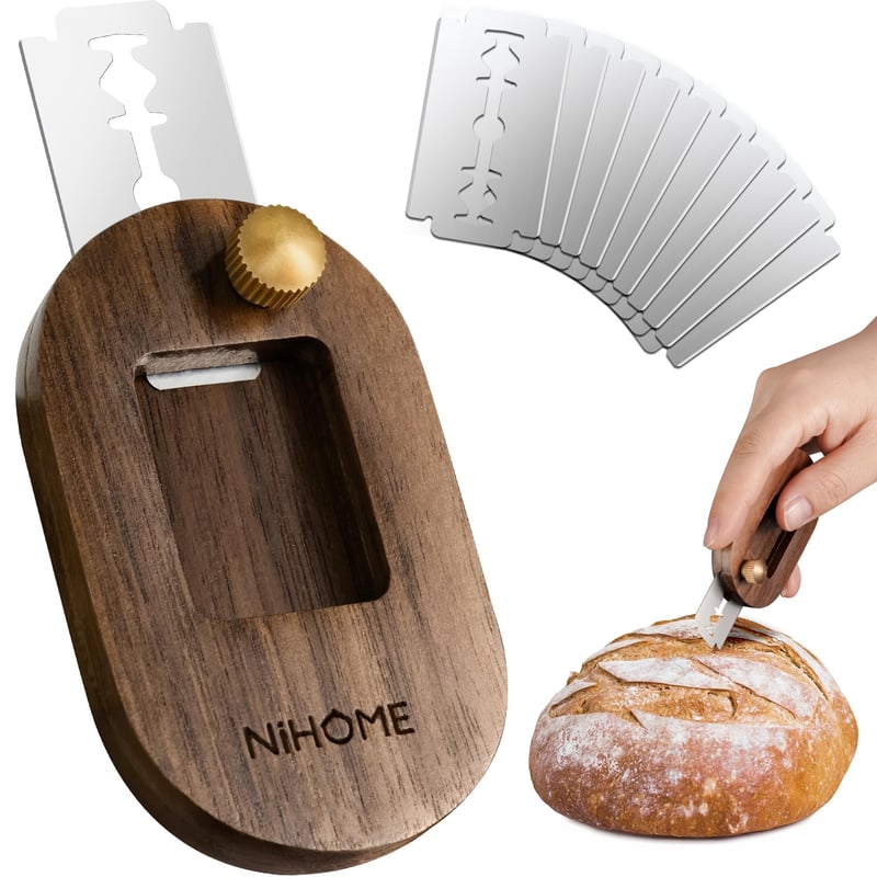 Sada na narezávanie chleba NiHome s vysúvacou čepeľou a magnetickou podperou, nôž na chlieb a cesto, rukoväť z vlašského orecha, strieborná, 7x4,2x1 cm