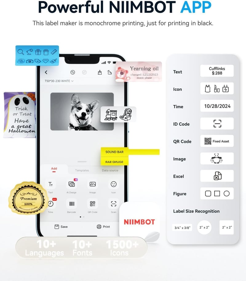 NIIMBOT B1 Bluetooth Címkenyomtató 3 Címkével - Vízálló, Széles Címkék, 30 Betűtípus, 1500+ Ikon, Kiskereskedelem, Iroda, Otthoni Rendszerez
