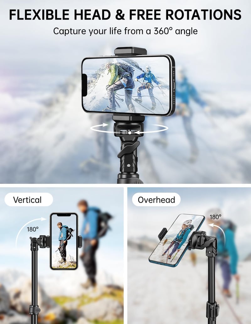 Nineigh 180 cm Alumínium Teleszkópos Tripod Állvány - Távirányítós Selfie Bot iPhone, Samsung, Huawei Telefonokhoz, Golyófejjel, 4,4 Font Te