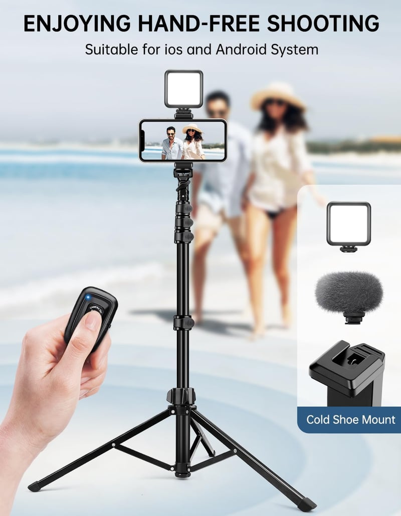 Nineigh 180 cm Alumínium Teleszkópos Tripod Állvány - Távirányítós Selfie Bot iPhone, Samsung, Huawei Telefonokhoz, Golyófejjel, 4,4 Font Te