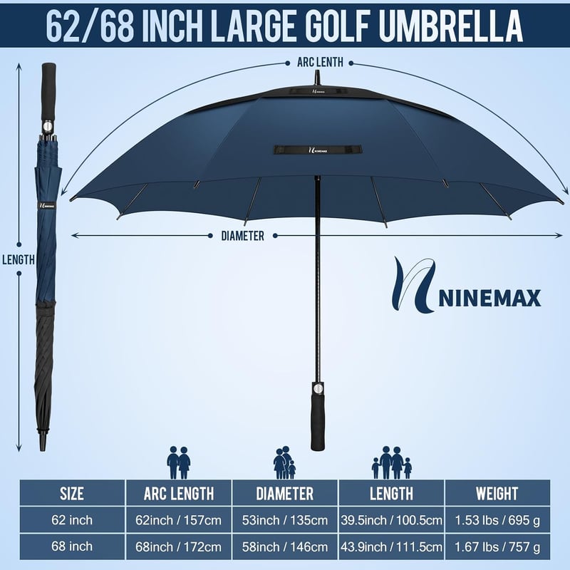 NINEMAX 68 Inch Automatikus Golf Esernyő Szélálló Dupla Baldachin Fekete/Sötétkék