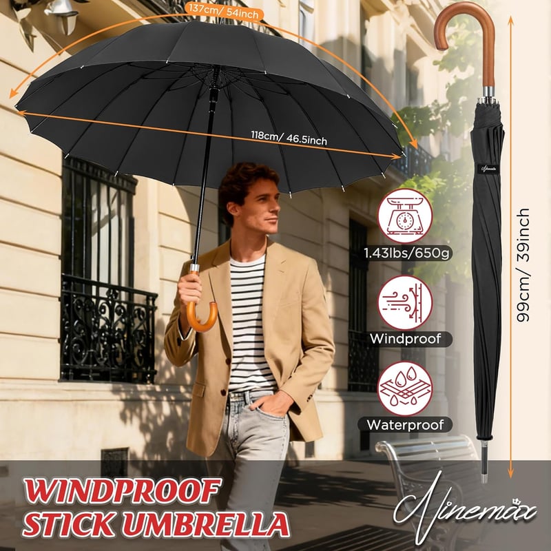 NINEMAX Nagyméretű Esernyő Fa Nyéllel 137cm Viharálló 2 Személyes Családi