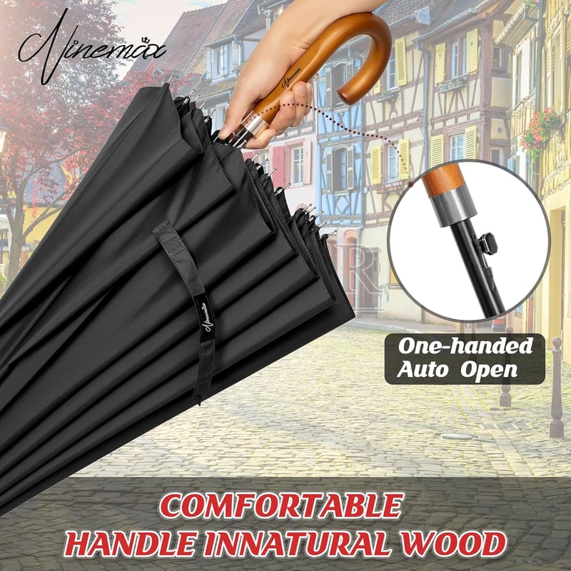 NINEMAX Nagyméretű Esernyő Fa Nyéllel 137cm Viharálló 2 Személyes Családi