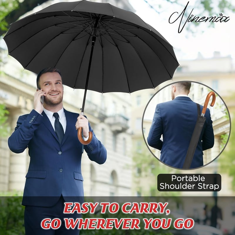 NINEMAX Nagyméretű Esernyő Fa Nyéllel 137cm Viharálló 2 Személyes Családi