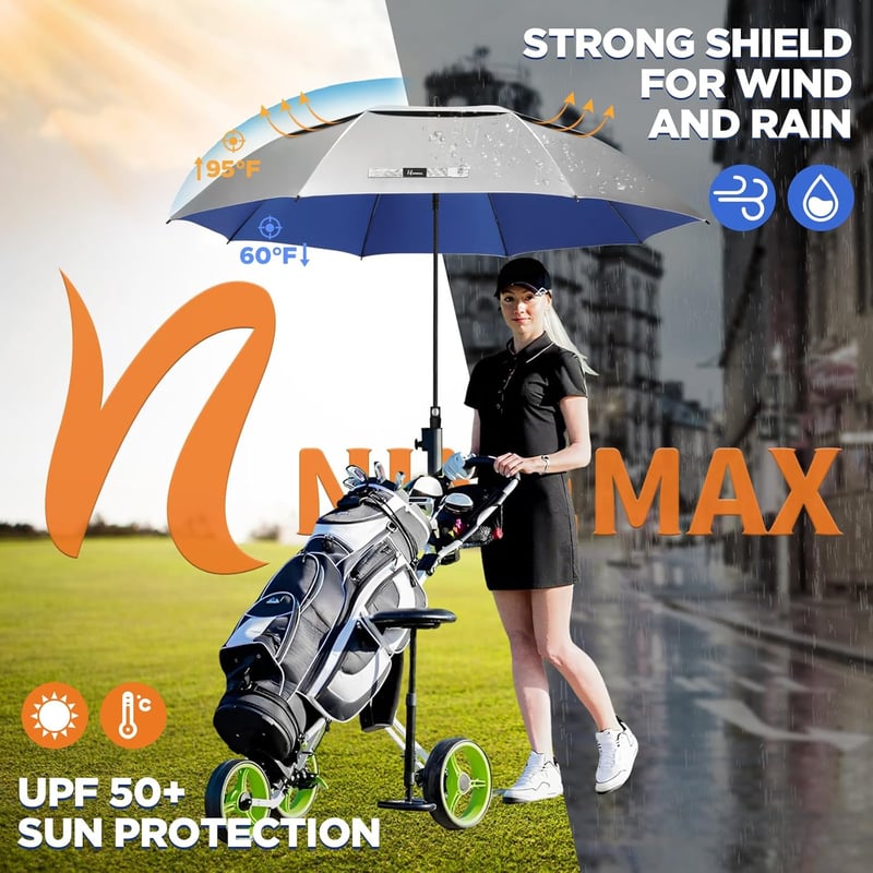 NINEMAX UV védelmes nagyméretű esernyő 2 személyre, viharálló golfesernyo - 68Inch/175CM, silver/blue