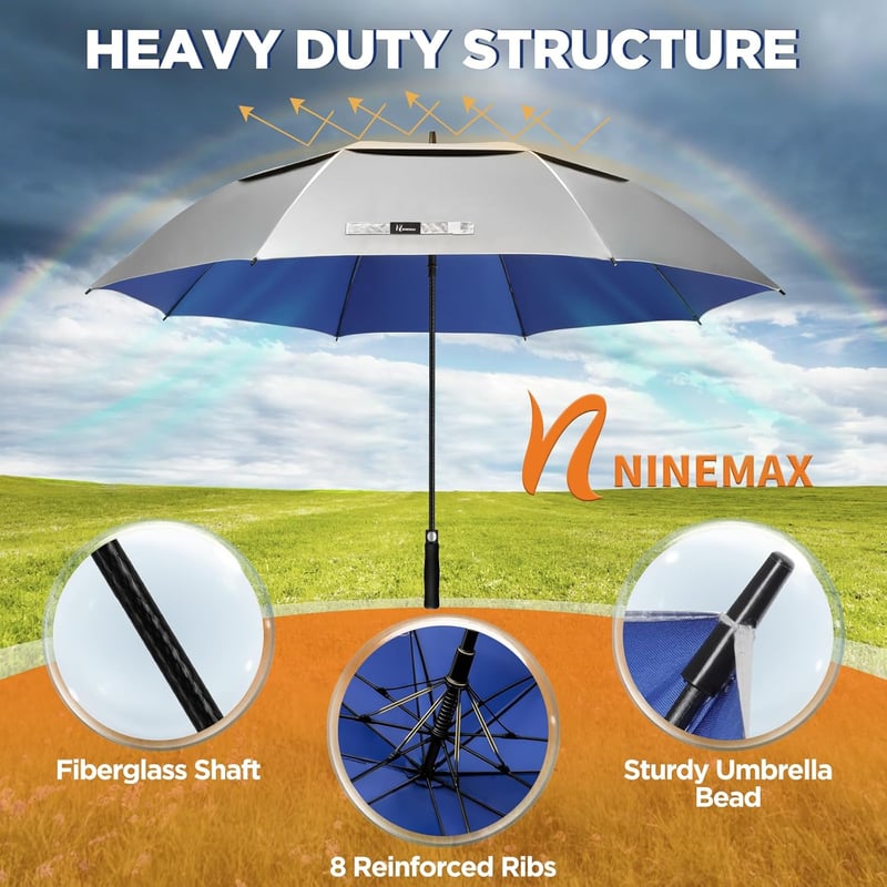 NINEMAX UV védelmes nagyméretű esernyő 2 személyre, viharálló golfesernyo - 68Inch/175CM, silver/blue