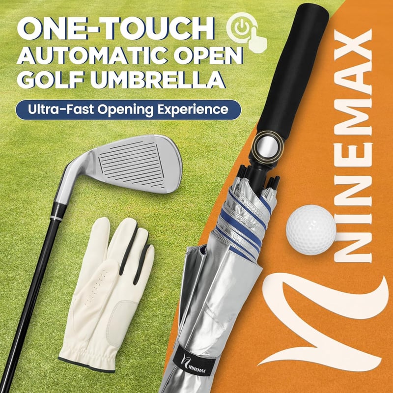 NINEMAX UV védelmes nagyméretű esernyő 2 személyre, viharálló golfesernyo - 68Inch/175CM, silver/blue