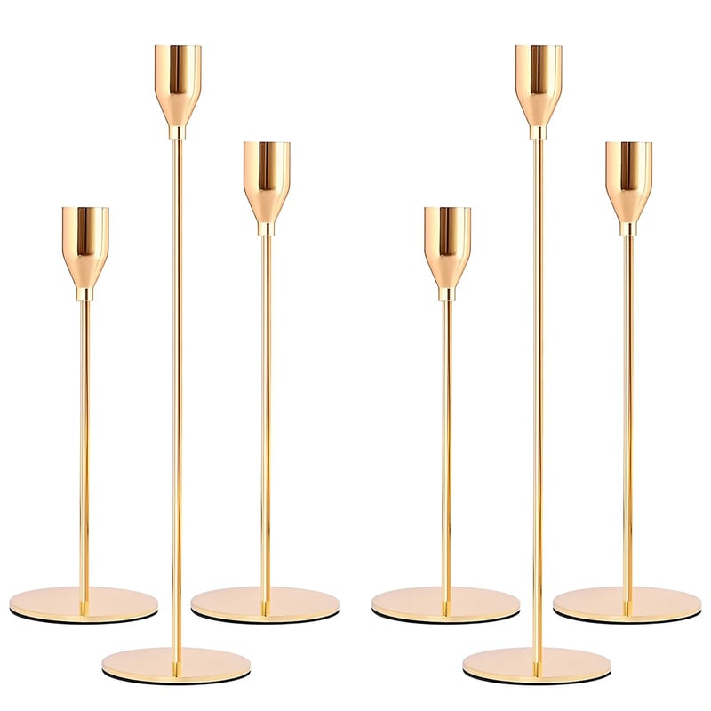 Set 6 Sfeșnice Aurii NINGESHOP, 32/27/22 cm, Suport pentru Lumânări Tip Fus, Sfeșnic Metalic pentru Mese de Nuntă, Decorațiune Vintage pentru Petreceri și Cine