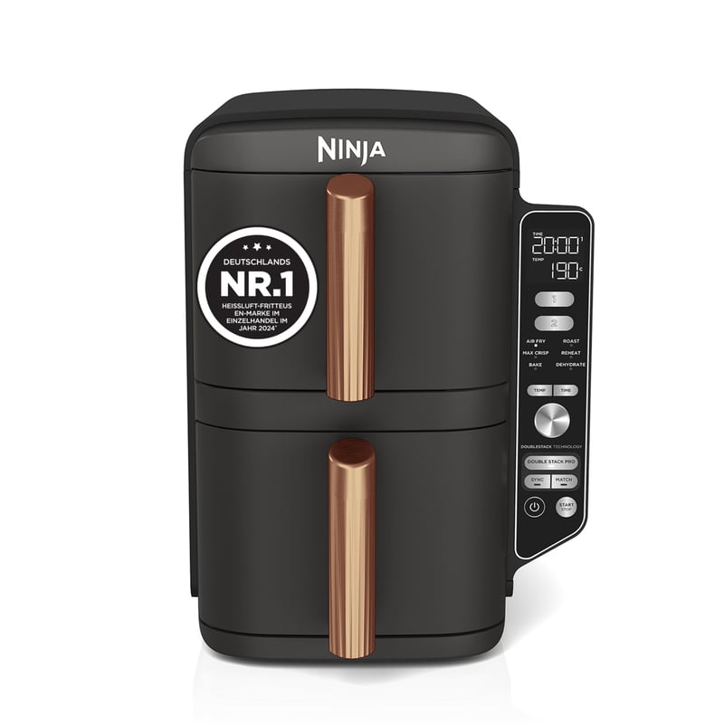 Teplovzdušná fritéza Ninja Double Stack XL SL400EUCP s 2 vertikálnymi zásuvkami, 9,5 l, 6 v 1, nepriľnavý povrch, vhodná do umývačky riadu, čierna/medená