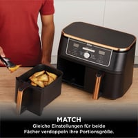 Ninja Foodi MAX AF400EUCP Dual Zone Forrólevegős Sütő, 9,5 L, 2 rekesz, 6 az 1-ben, fogóval, tapadásmentes bevonat, mosogatógépben mosható, réz/fekete 6