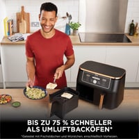 Ninja Foodi MAX AF400EUCP Dual Zone Forrólevegős Sütő, 9,5 L, 2 rekesz, 6 az 1-ben, fogóval, tapadásmentes bevonat, mosogatógépben mosható, réz/fekete 9