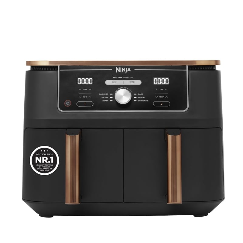 Ninja Foodi MAX AF400EUCP Dual Zone Forrólevegős Sütő, 9,5 L, 2 rekesz, 6 az 1-ben, fogóval, tapadásmentes bevonat, mosogatógépben mosható, réz/fekete