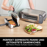 Prăjitor de pâine, grătar și sandwich maker 3 în 1 Ninja Foodi ST202EU din oțel inoxidabil, cu 7 funcții de gătire, 7 setări de rumenire și tavă de coacere 6