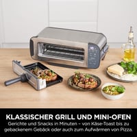 Prăjitor de pâine, grătar și sandwich maker 3 în 1 Ninja Foodi ST202EU din oțel inoxidabil, cu 7 funcții de gătire, 7 setări de rumenire și tavă de coacere 7