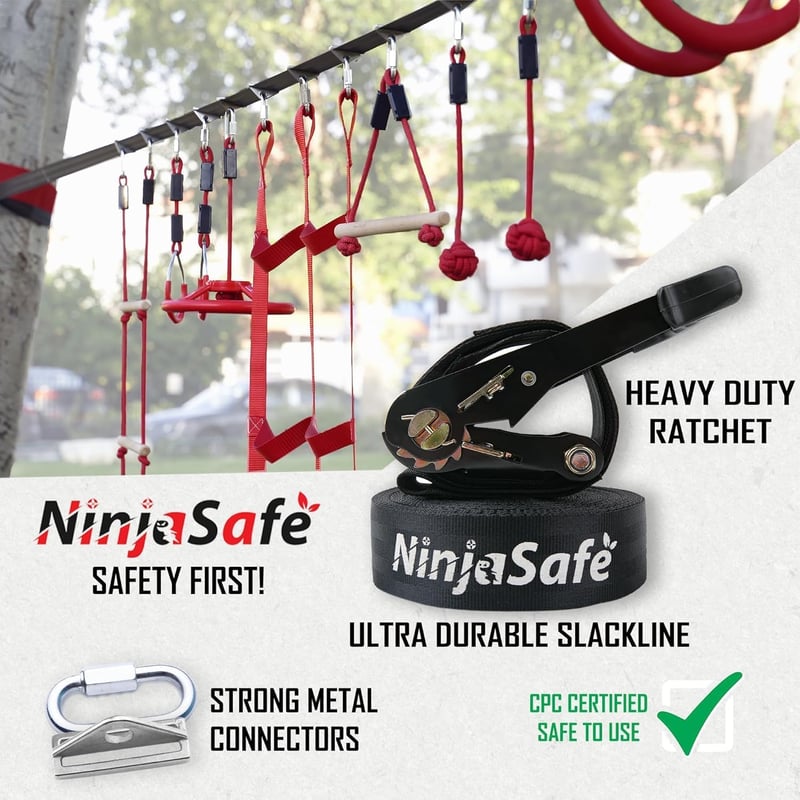 NinjaSafe Ninja Akadálypálya Gyerekeknek Kertbe - 10 Nehéz Akadály 15m Slackline Kötéllel - Kültéri Játszótér Mászóhálóval Létrával