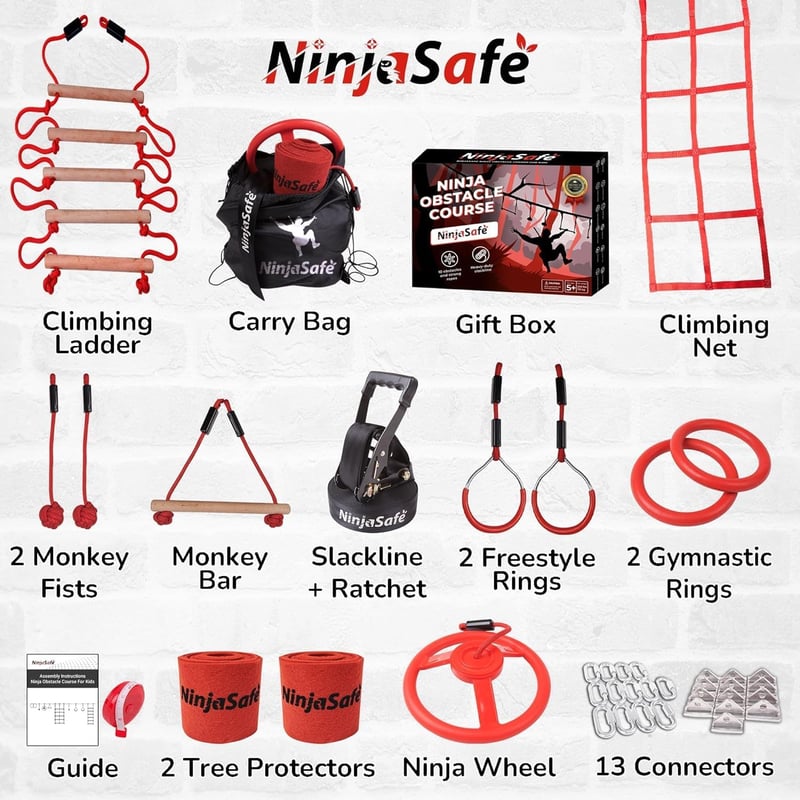NinjaSafe Ninja Akadálypálya Gyerekeknek Kertbe - 10 Nehéz Akadály 15m Slackline Kötéllel - Kültéri Játszótér Mászóhálóval Létrával