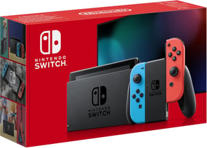 Nintendo Switch konzola s neon plavim i neon crvenim Joy-Con kontrolerima, rabljena hibridna igraća konzola za TV i prijenosni način igranja
