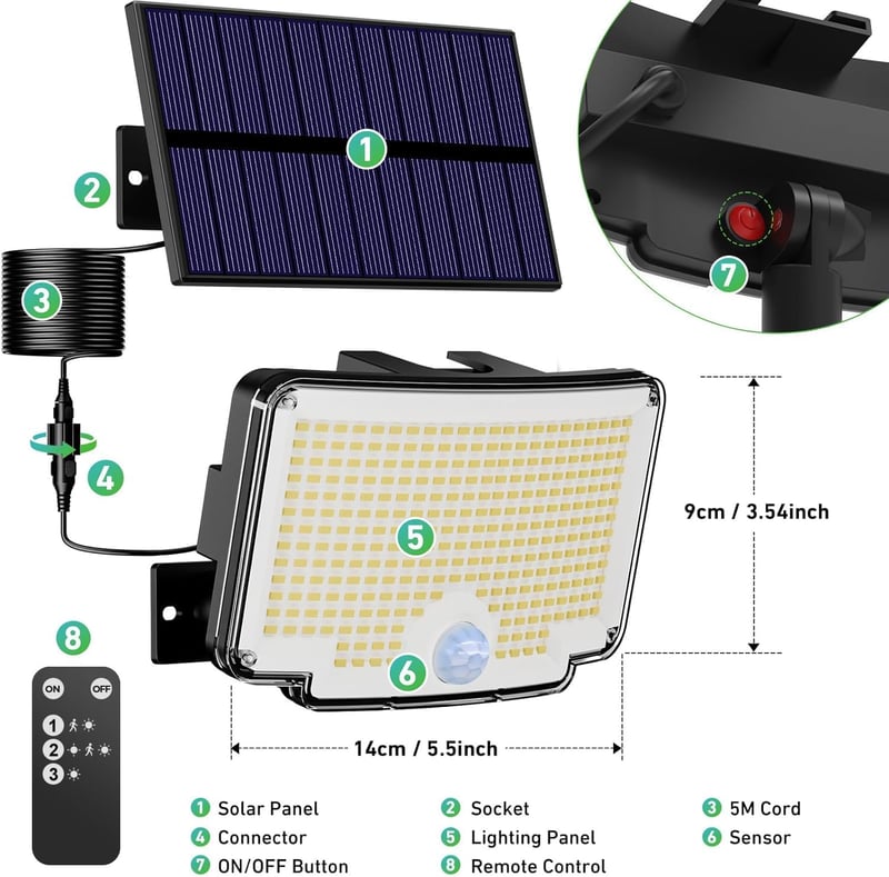 nipify Napelemes Kültéri Lámpa Mozgásérzékelővel 310 LED IP65 Vízálló Fali Lámpa