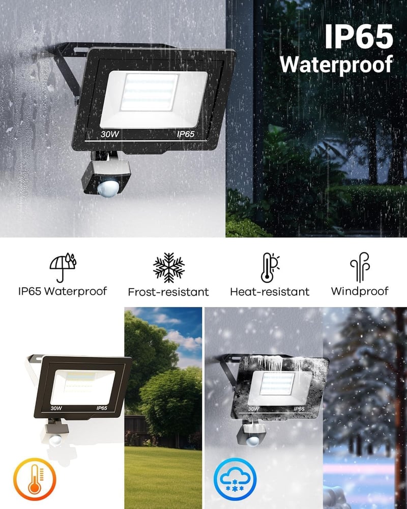 nipify 30W LED Reflektor Mozgásérzékelővel, 3000LM Kültéri Biztonsági Lámpa IP65 Vízálló