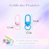 NISENTIA set 15 mini carabine rotative colorate, inele pentru chei, cârlige pentru brelocuri și accesorii artizanale 2